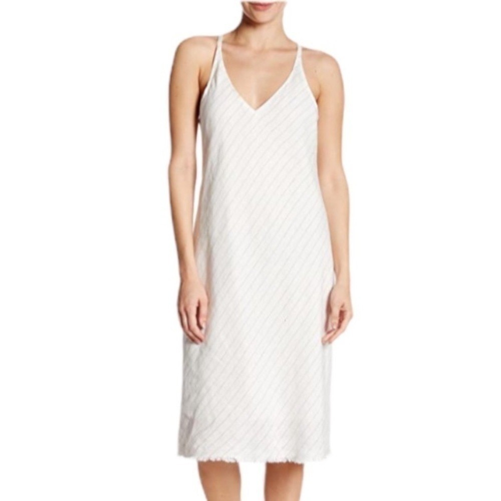 ATM Anthony Thomas Melillo White Striped Linen Blend Midi Dress XS V-Neck Frayed